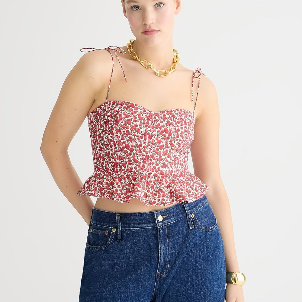 J. Crew Red Floral Smocked Peplum Crop Top